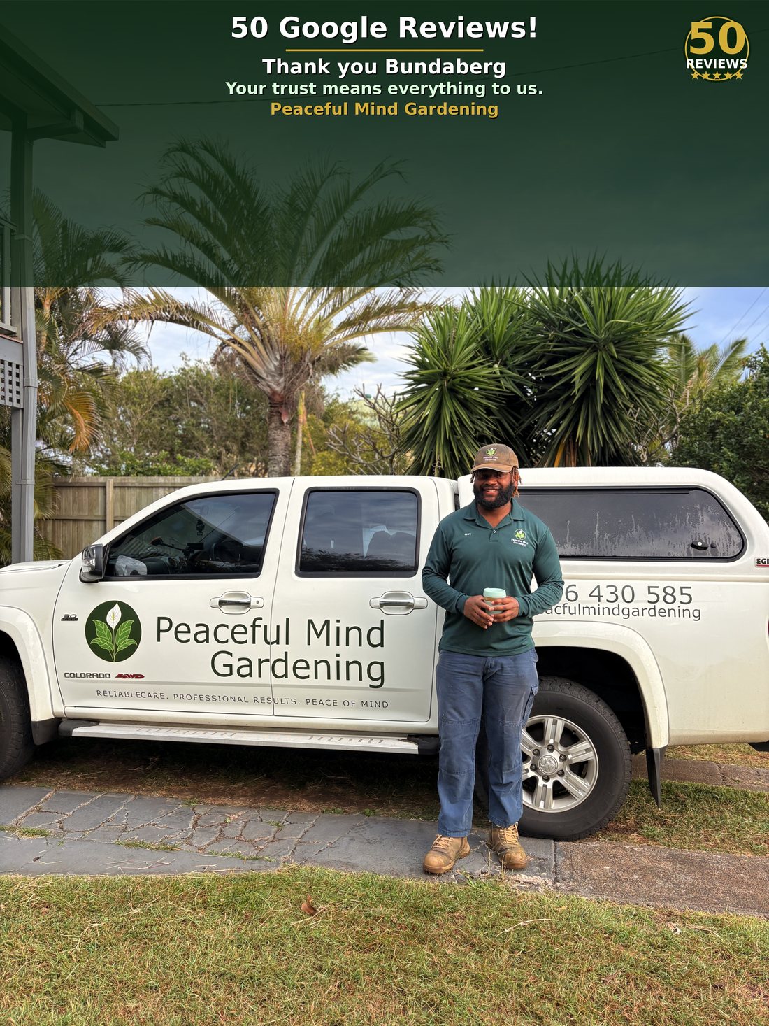 Jerey, founder of Peaceful Mind Gardening, standing with the branded ute on the Bundaberg coast — 50 five-star Google reviews